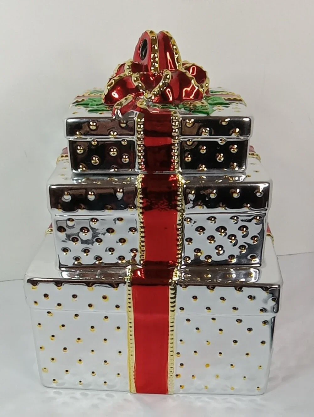 Metallic Red Ribbon Cermaic 3-tier Lidded Cookie Jar Burton & Burton